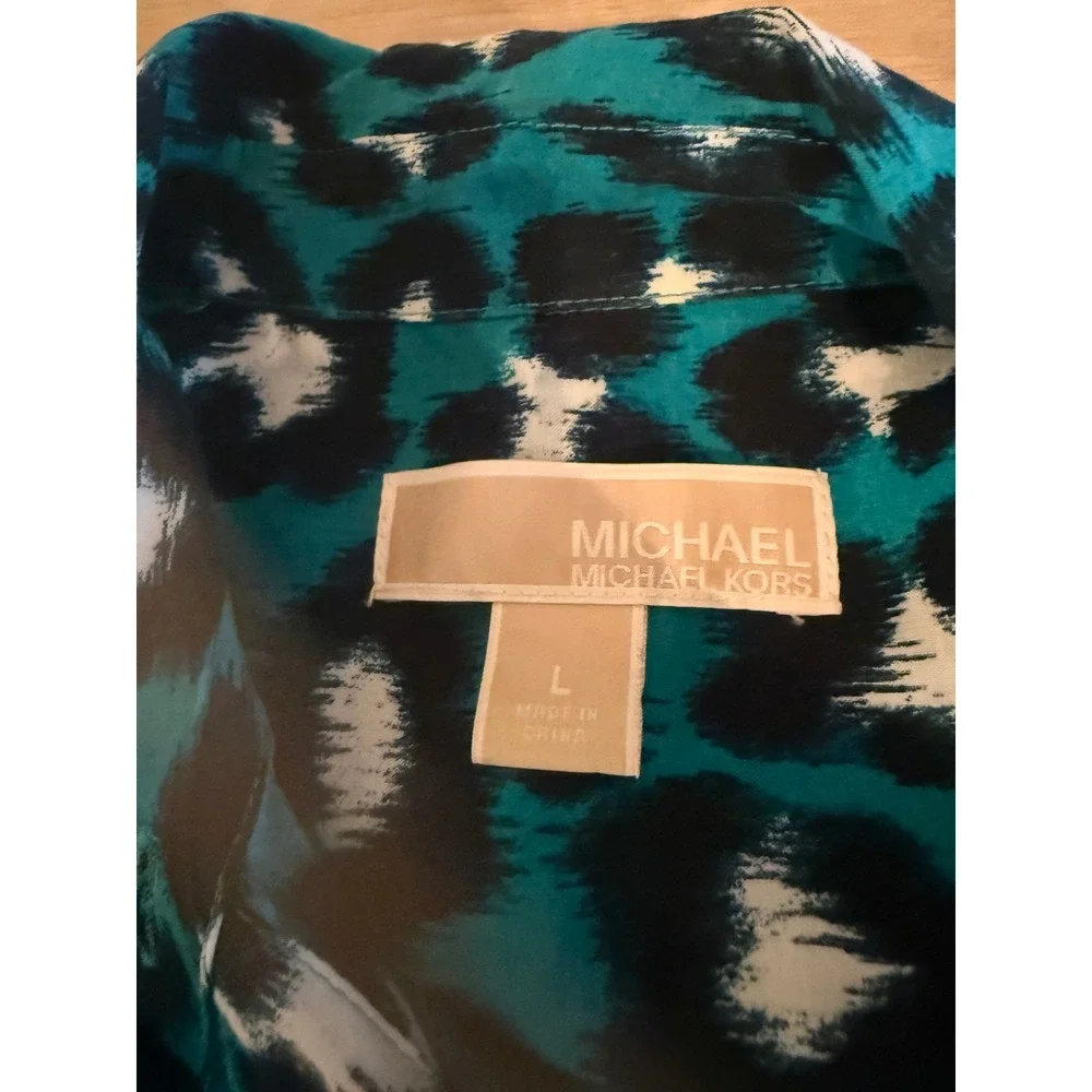 Michael‎ Kors Womens Teal Leopard Print Button Down Short Sleeve Blouse Large